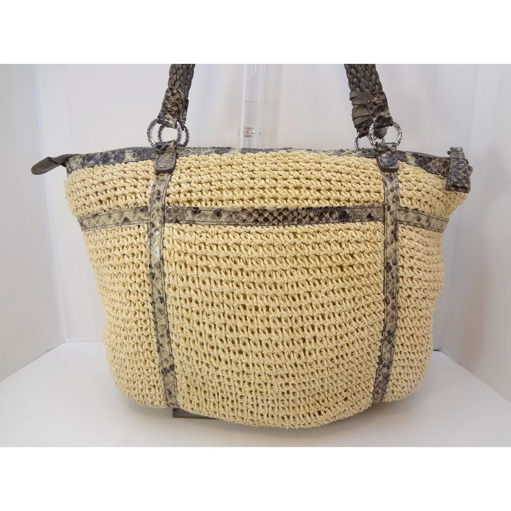 Brighton Straw Tote Bag Large Beige Excellent Snakeskin Trim Filigree